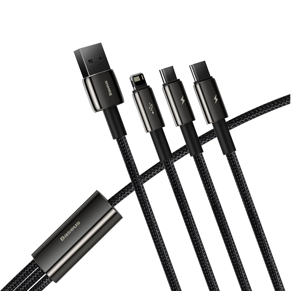 Baseus Tungsten Gold 3 in 1 USB to M+L+C Fast Charging Data Cable - Black Image 1