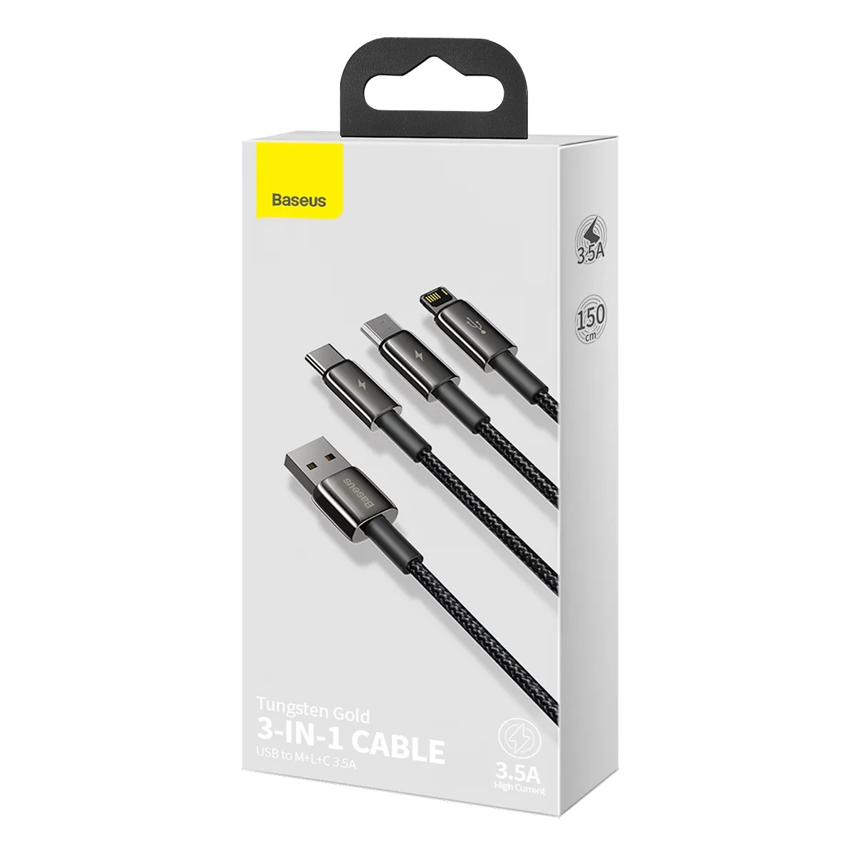 Baseus Tungsten Gold 3 in 1 USB to M+L+C Fast Charging Data Cable - Black Image 2