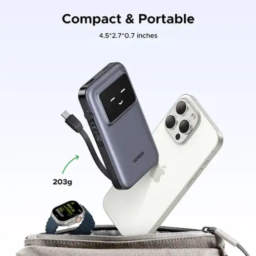 UGREEN PB511 (35603B) 30W 10000mAh Power Bank with Built-in Cable - Black Image 2