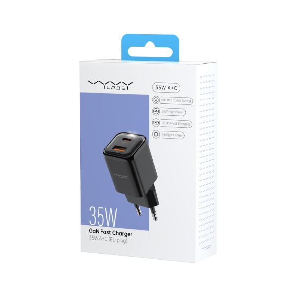Vyvylabs GaN Fast Charger 35W USB-A with Type-C EU Plug-Black Image 1
