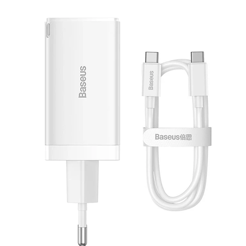 Baseus GaN5 Pro 65W Fast Charger Dual Type C+USB EU with 100W Type-C 1m Cable - White Image 2