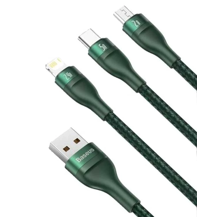 Baseus Flash Series 3-in-1 66W USB Data Cable 1.2m Fast Charging - Green Image 1