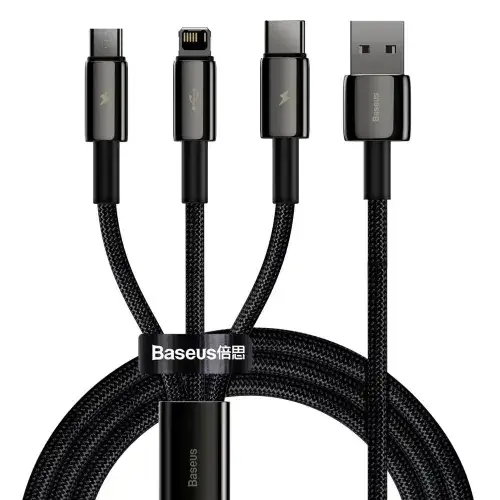 Baseus Tungsten Gold 3 in 1 USB to M+L+C Fast Charging Data Cable - Black Image 3